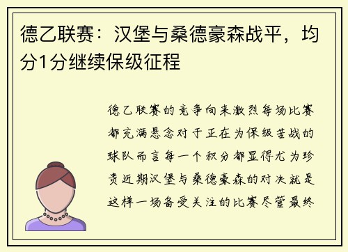 德乙联赛：汉堡与桑德豪森战平，均分1分继续保级征程