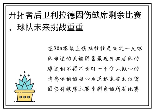 开拓者后卫利拉德因伤缺席剩余比赛，球队未来挑战重重